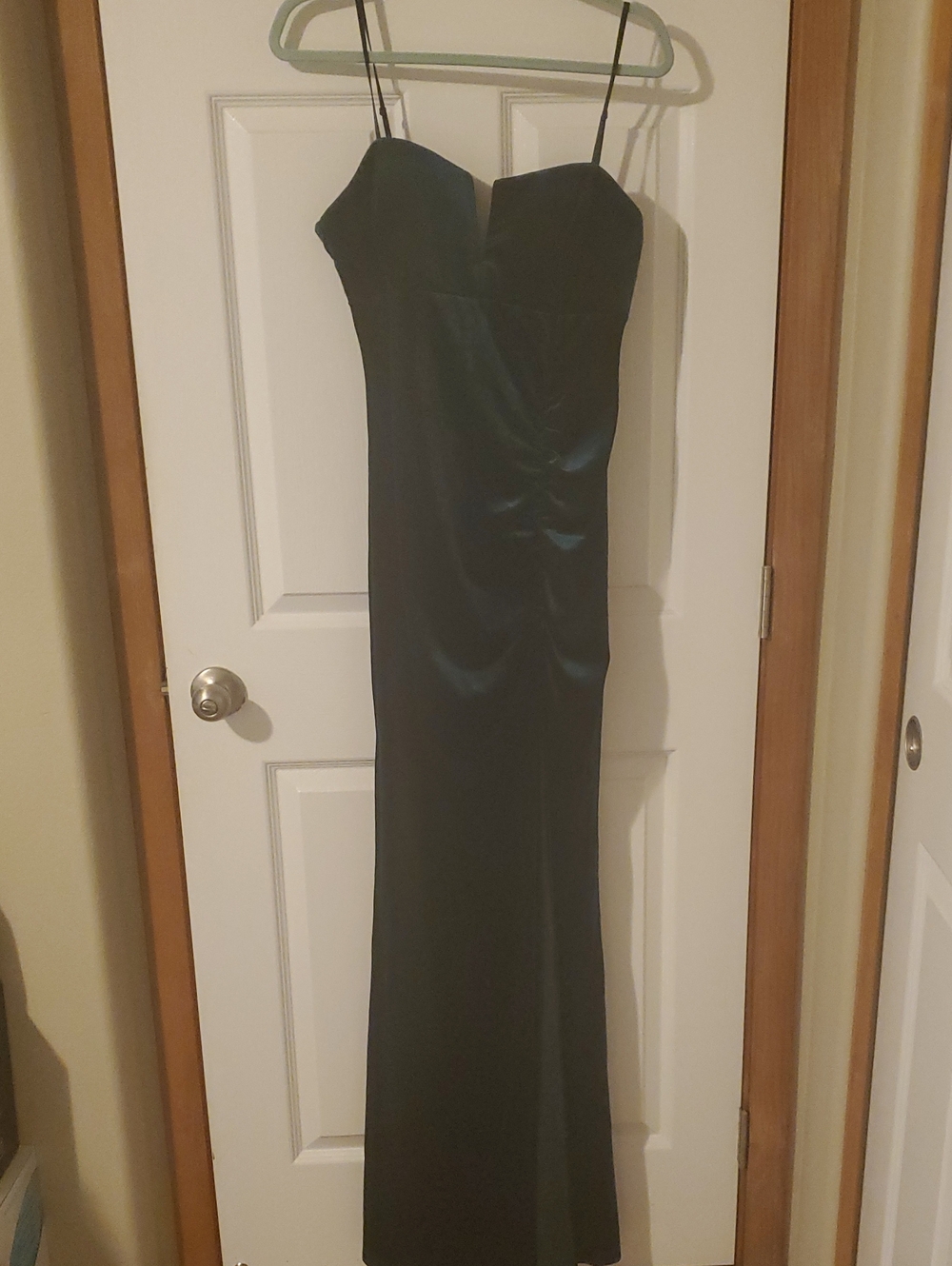 Satin Spaghetti-Strap Evening Gown in Dark Green